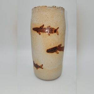 9" Glen Burris Signed Pottery Vase. Earth Tones. Fish Design.